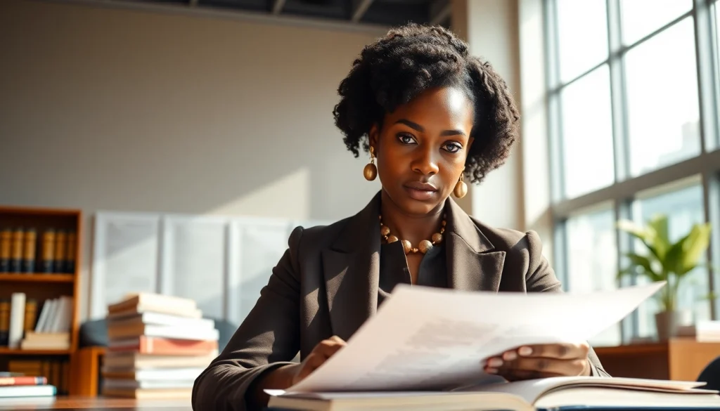 Eminent domain lawyer confidently reviewing documents in a bright office.
