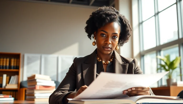 Eminent domain lawyer confidently reviewing documents in a bright office.