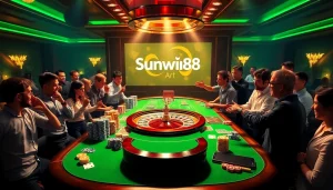 Engaged players at a luxury gaming table showcasing casino excitement at sunwin88.art with vibrant poker chips and cards.