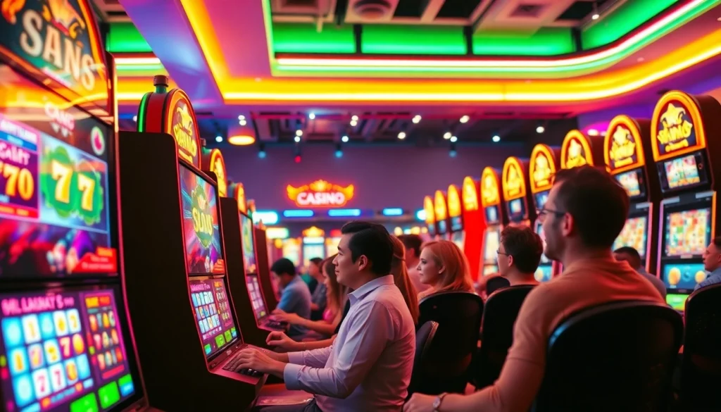 Bermain petanitoto di kasino online yang ceria dengan lampu terang dan atmosfer penuh semangat.