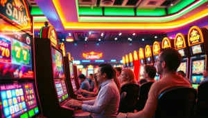 Bermain petanitoto di kasino online yang ceria dengan lampu terang dan atmosfer penuh semangat.