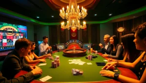 Enthusiastic gamblers revel in the luxurious atmosphere at https://rr88.gratis/, showcasing poker excitement and strategy.