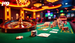 i9bet online casino scene with poker chips, roulette wheel, and casino table elements.