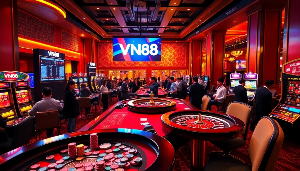 Players enjoying an exciting gambling experience at VN88 casino with vibrant tables and games.