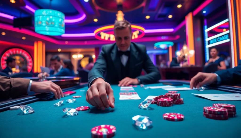 Betting with lab grown diamonds at a vibrant casino poker table under neon lights.