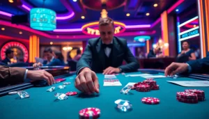Betting with lab grown diamonds at a vibrant casino poker table under neon lights.