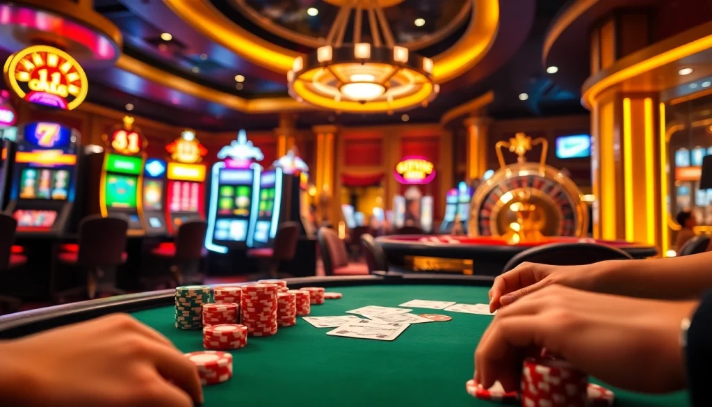 Players engaging with poker chips at a casino table, showcasing action from https://bl555.direct/ in an upscale setting.
