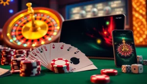 Engaging scene of a thrilling game at เจ้ามือรับแทง F168 featuring poker, roulette, and betting slips.