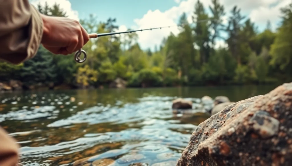 Angler demonstrating the use of the Best fly fishing rods in a calm river setting.