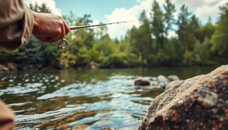 Angler demonstrating the use of the Best fly fishing rods in a calm river setting.