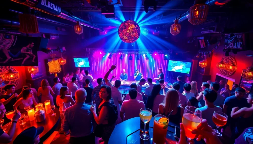 Fête animée au social club palma avec DJ, ambiance colorée et foule enthousiaste.