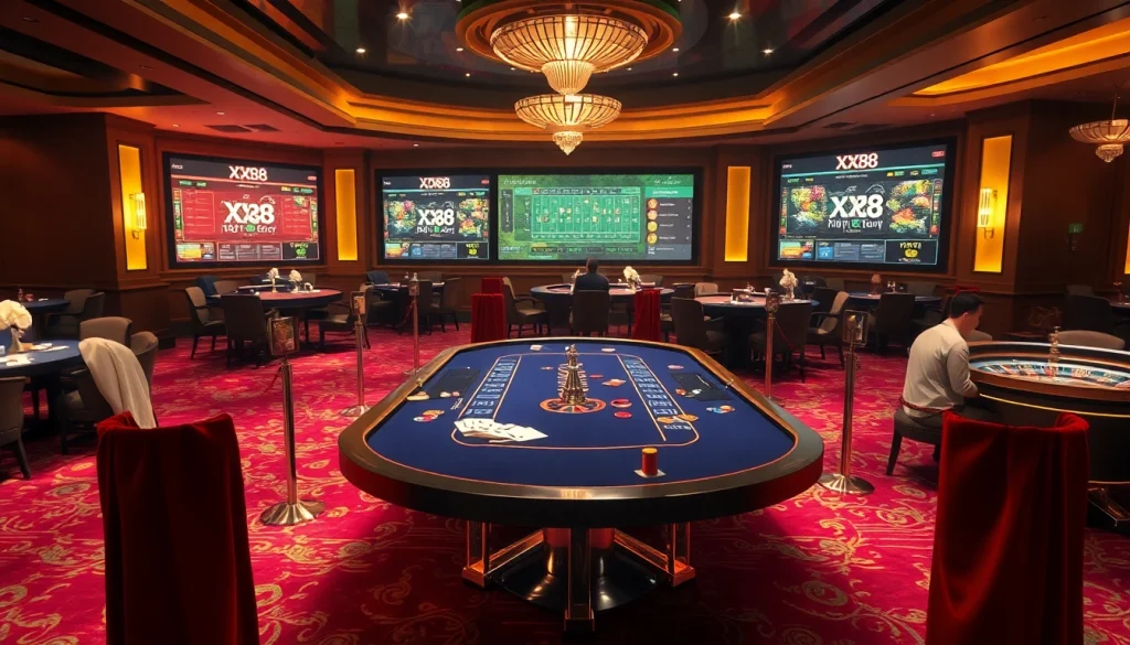 Players engaging in baccarat at an upscale casino showcasing the essence of XX88 excitement.