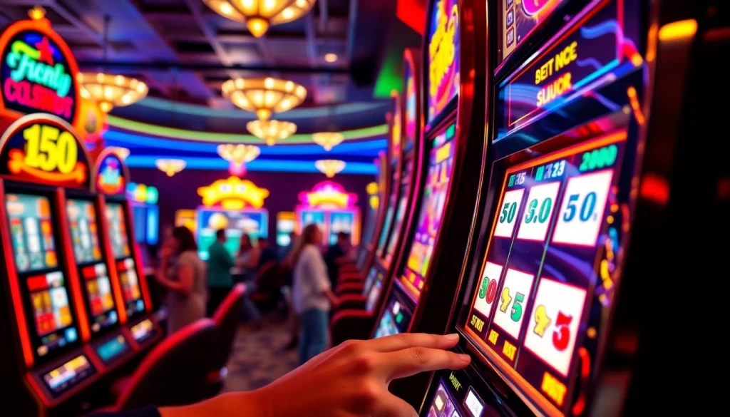 Menempatkan slot bet 50 pada mesin dengan latar kasino yang cerah.