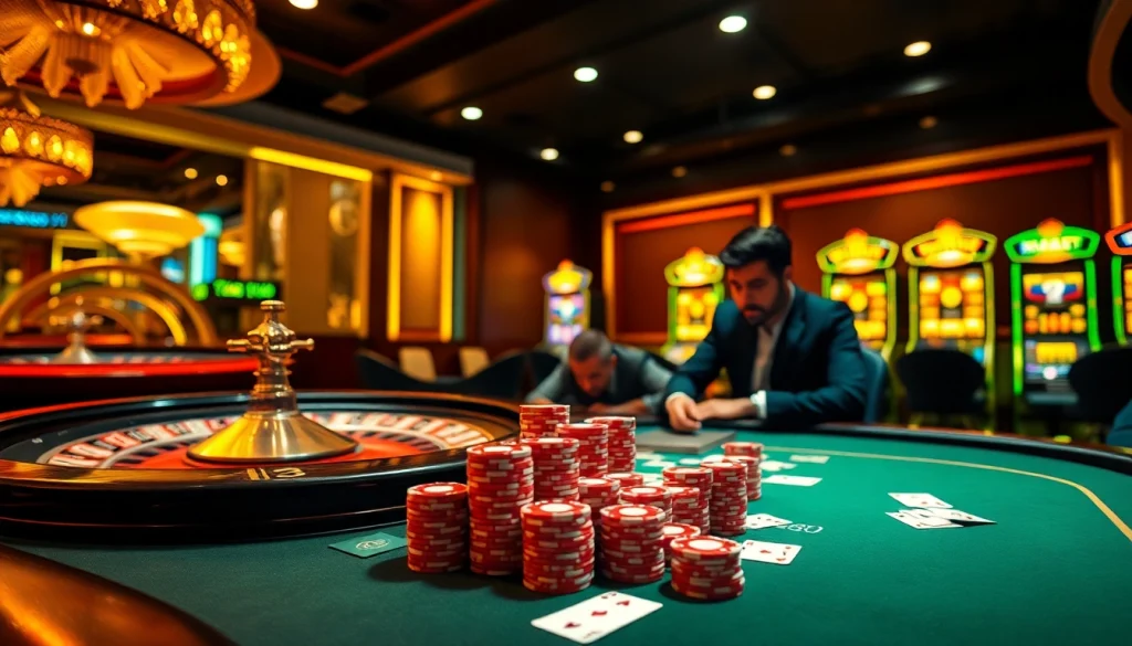 Exciting gambling action at Trang chủ MM88 with poker players and roulette wheel.