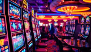 Mengakses slot deposit 5000 di mesin slot yang berwarna-warni dengan suasana kasino yang meriah.