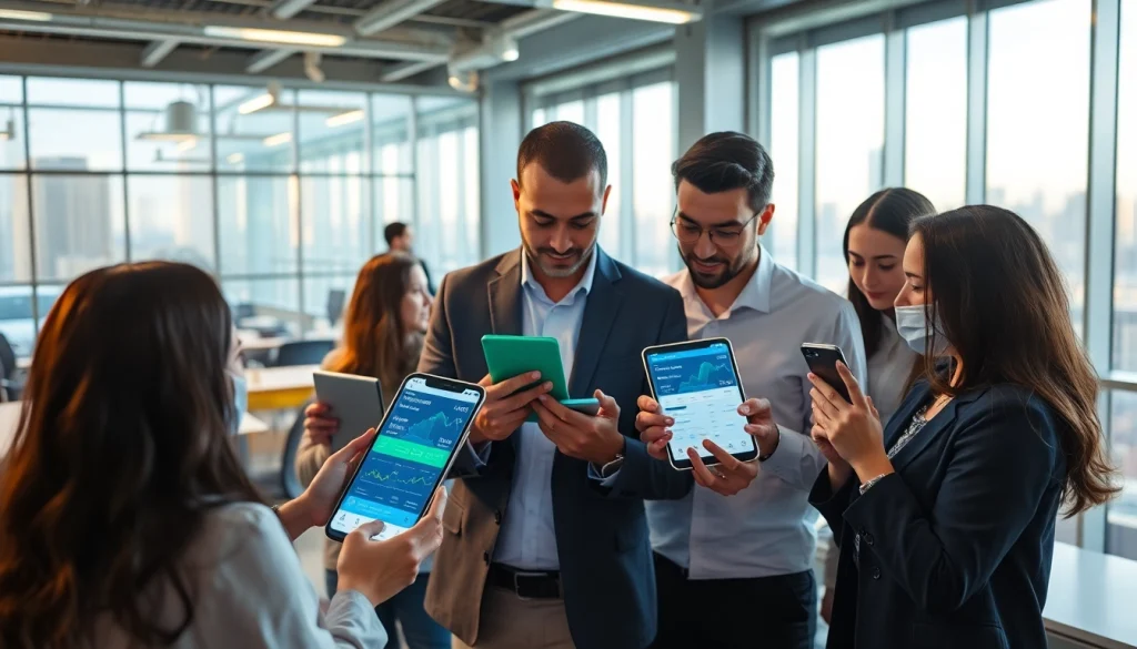 Users actively engaging with a crypto mining app on modern devices in a vibrant co-working space.
