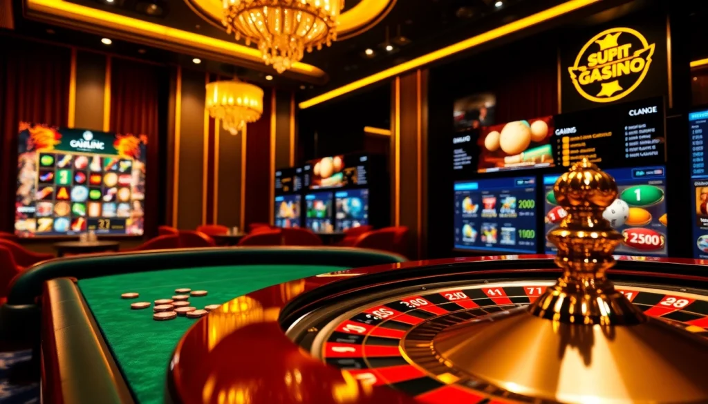 Casino ambiance featuring vibrant cổng game 789club elements like roulette and slot machines.