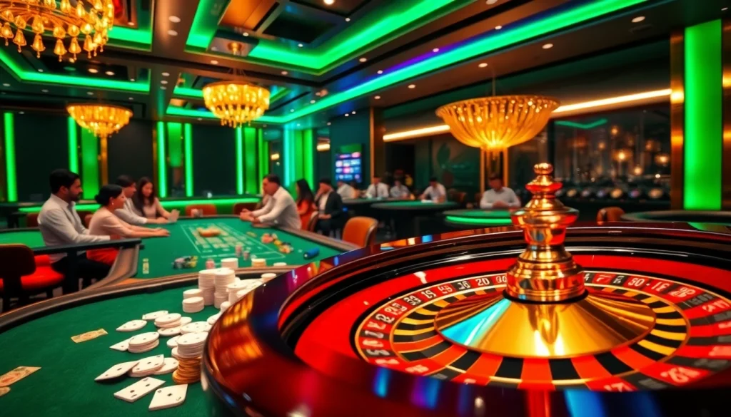 Engaging scene of players enjoying casino games at Jeetbuzz Bangladesh with roulette and poker tables.