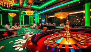 Engaging scene of players enjoying casino games at Jeetbuzz Bangladesh with roulette and poker tables.