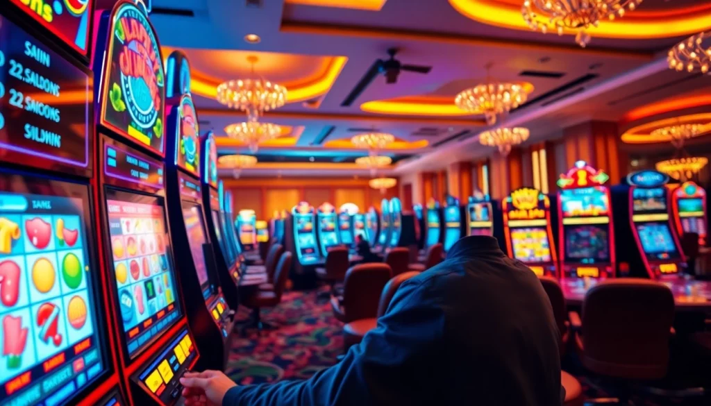 Rasakan keseruan situs judi yang interaktif dengan mesin slot berwarna-warni dan suasana ramai.