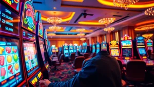 Rasakan keseruan situs judi yang interaktif dengan mesin slot berwarna-warni dan suasana ramai.