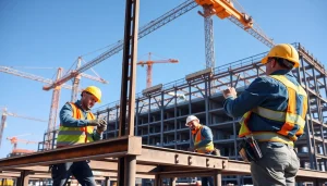 Structural steel installation process showcasing workers expertly assembling steel beams on-site.