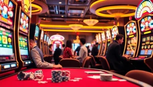 Experience the thrill of doaslot slot in a luxurious casino setting with vibrant colors and excited players.