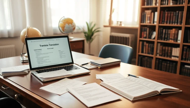 Bureau professionnel d'un traducteur assermenté allemand avec des documents et des outils de traduction.