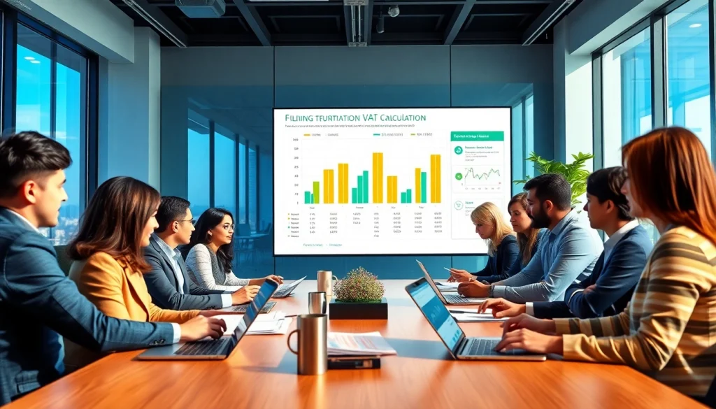 VAT Return Filing in a collaborative office environment with financial professionals engaged in discussions.