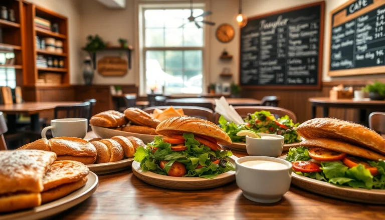 Kue-kue lezat dan sandwich yang ditata menggoda di https://kingarthurcafe.com/menu, menampilkan suasana hangat kafe.