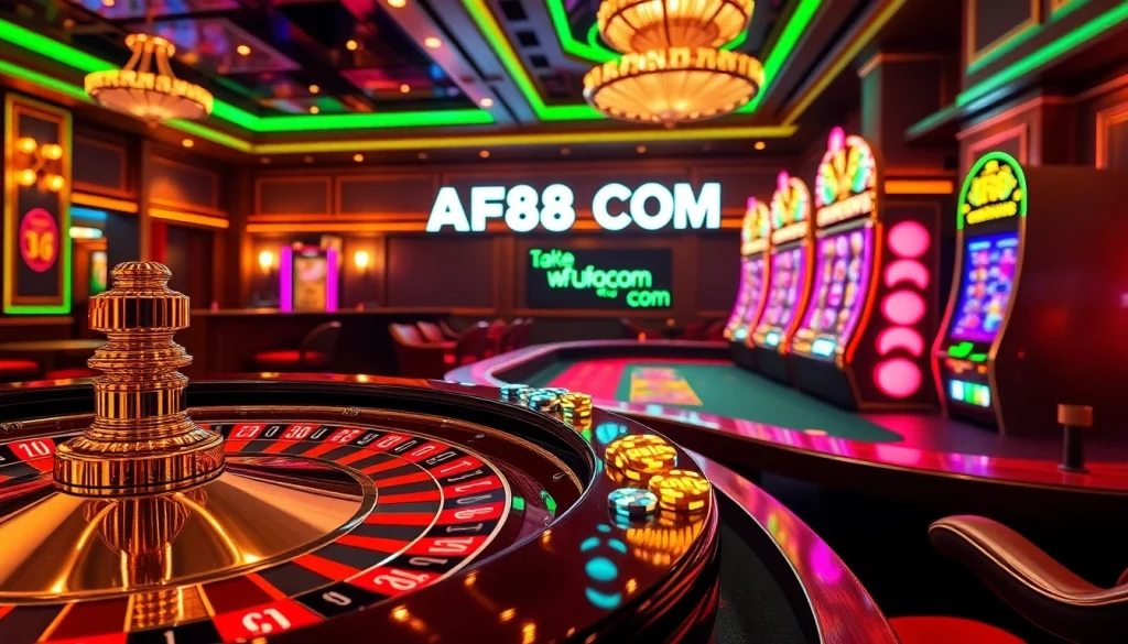 Engage in thrilling gaming activities at AF88 COM casino, featuring roulette and poker chip excitement.
