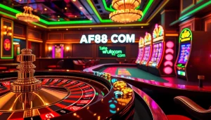 Engage in thrilling gaming activities at AF88 COM casino, featuring roulette and poker chip excitement.