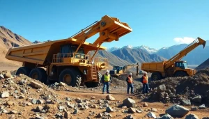 Mining operation featuring heavy machinery and workers in safety gear extracting minerals.