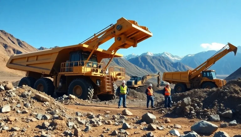 Mining operation featuring heavy machinery and workers in safety gear extracting minerals.