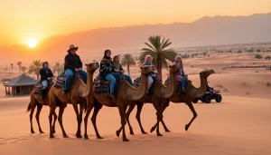 Marrakech camel ride and quad biking adventure in the Agafay Desert at sunset with tourists and stunning scenery.