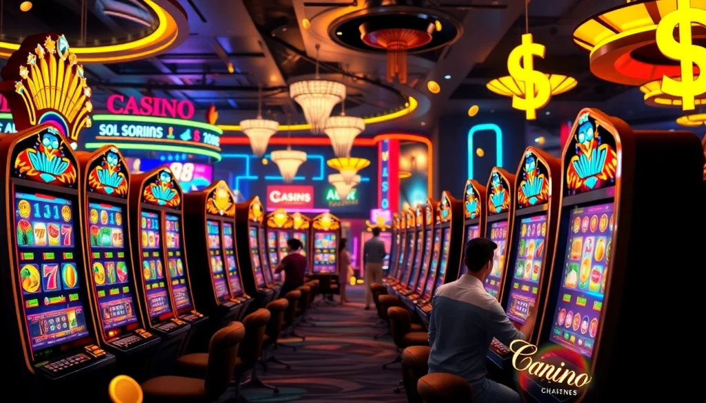 Spin the reels on various vibrant slot online machines in an engaging casino atmosphere.