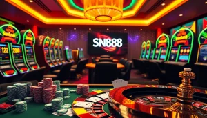 Experience thrilling online gaming at SN888 with vibrant casino elements and a luxurious atmosphere.