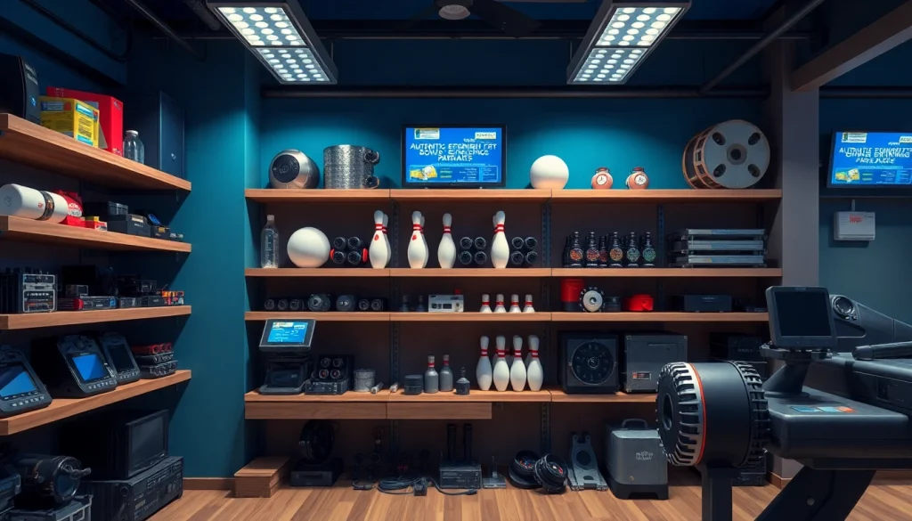 Bowling parts for Brunswick displayed in a modern service area, showcasing electronic components and machine parts.