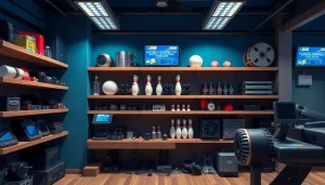 Bowling parts for Brunswick displayed in a modern service area, showcasing electronic components and machine parts.