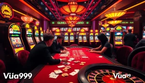 Vua99 casino scene featuring an intense poker game with vibrant slot machines in the background.