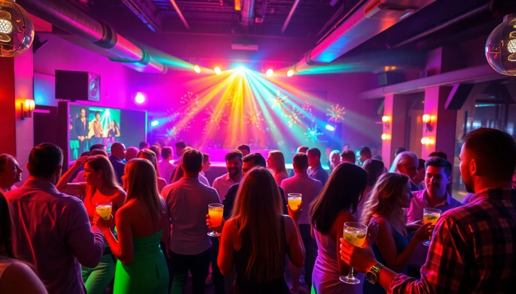 Les fêtards profitent d'une ambiance festive au social club palma avec des lumières colorées.