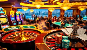 Nohu casino scene with players enjoying poker and roulette amid a luxurious atmosphere.