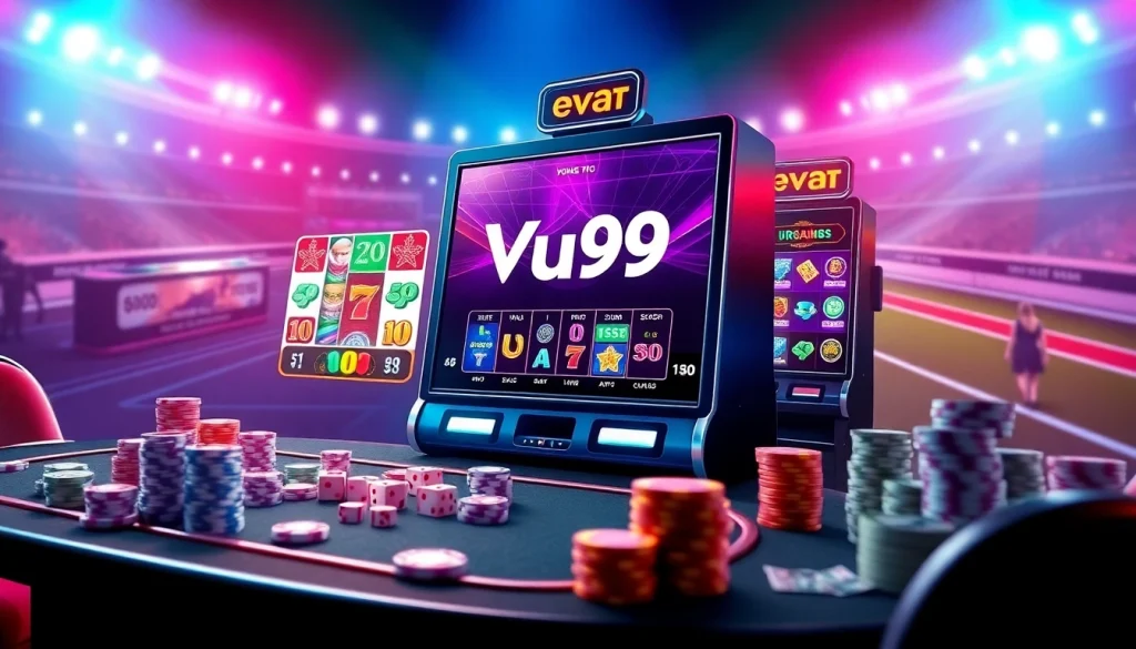 Experience the excitement of Vua99 through a vibrant online gambling scene featuring poker chips and slot machines.