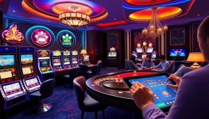 Experience the thrill of obraltoto casino games in a luxurious gaming environment filled with slot machines and poker tables.