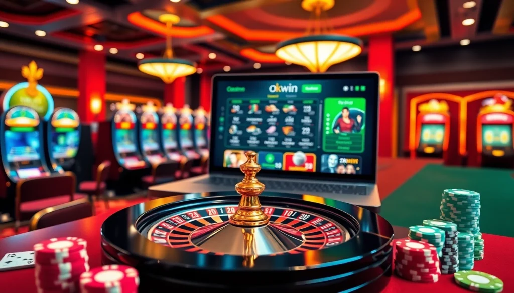 Experience excitement at OKWIN with vibrant casino tables and online gambling interfaces.