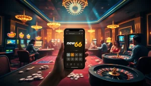 Excited players engaging with gambling elements at an upscale online casino with the new66 app displayed.