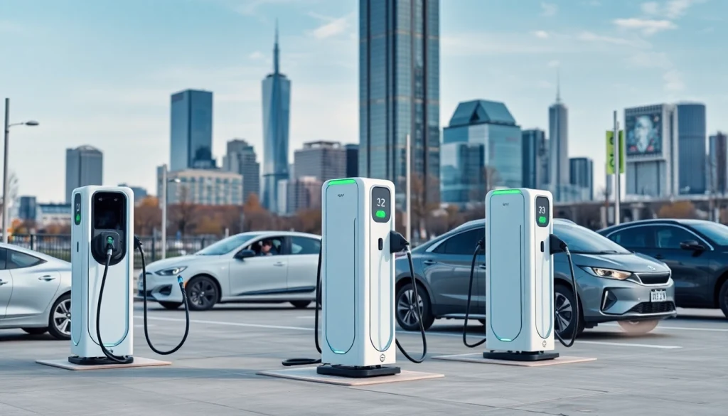 Showcase of EV charging solutions at a modern urban charging station highlighting innovation.
