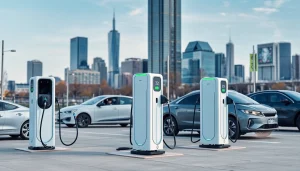 Showcase of EV charging solutions at a modern urban charging station highlighting innovation.