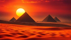 Pyraminds in Giza at sunset, showcasing their grandeur and ancient textures.