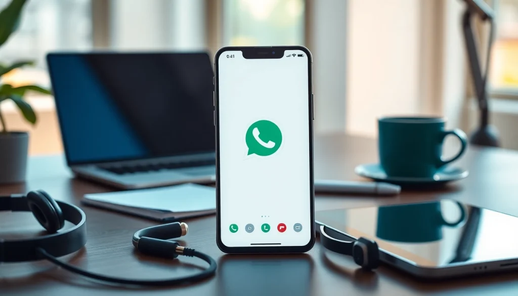 GB WhatsApp app displayed on a smartphone in a modern workspace setup.